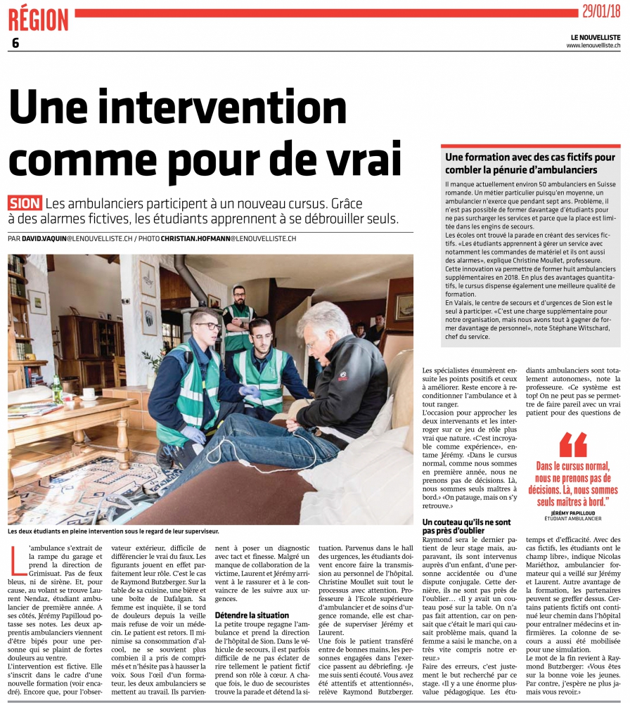 ESSP Sion : L’ESSP (Entreprise Simulée en Soins Préhospitaliers) a bénéficié d’un coup de projecteur de la part du Nouvelliste.